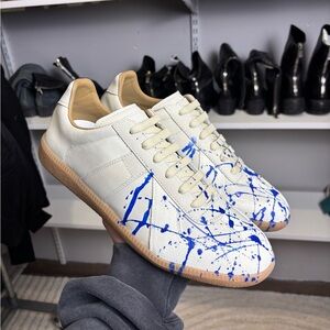 Maison Martin Margiela White and Blue Splatter Sneakers